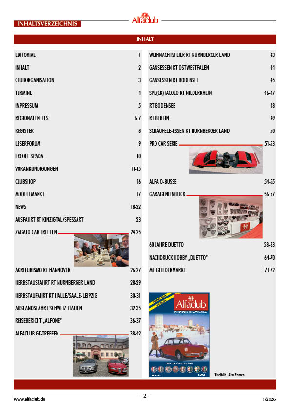 Inhaltsverzeichnis Alfaclub Magazin 01/2026