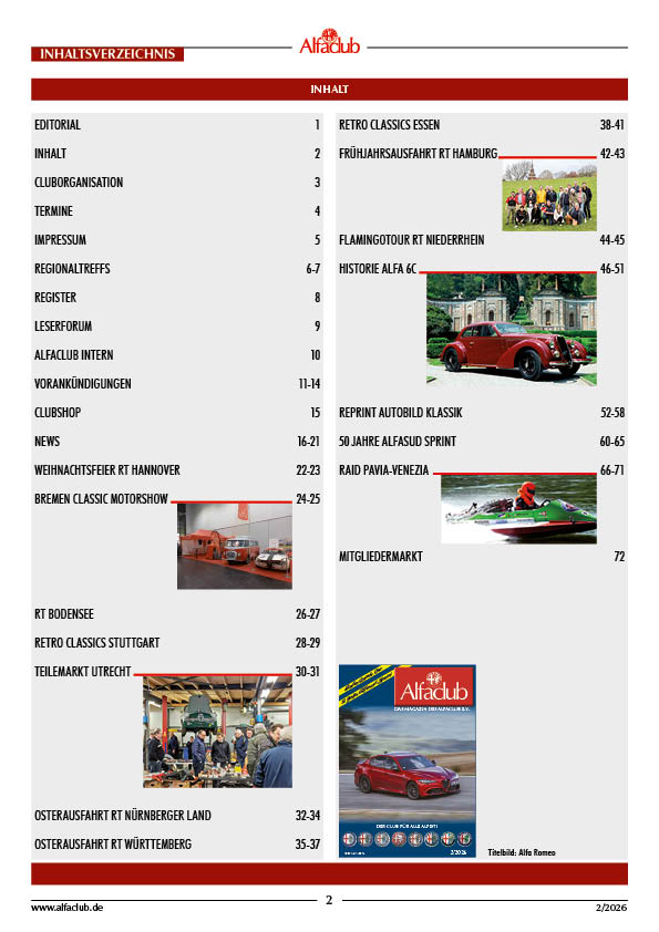 Inhaltsverzeichnis Alfaclub Magazin 02/2026
