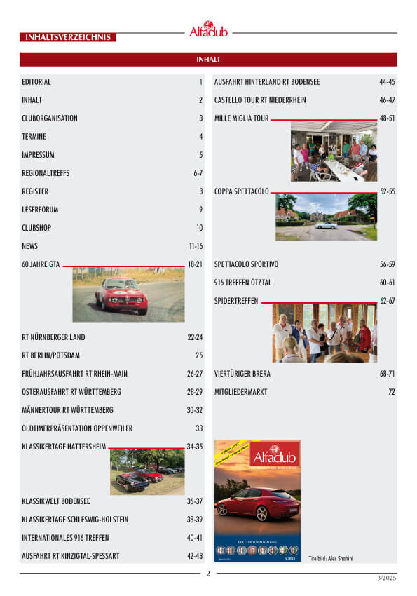 Inhaltsverzeichnis Alfaclub Magazin 03/2025