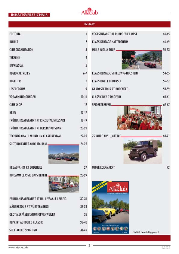 Inhaltsverzeichnis Alfaclub Magazin 03/2026