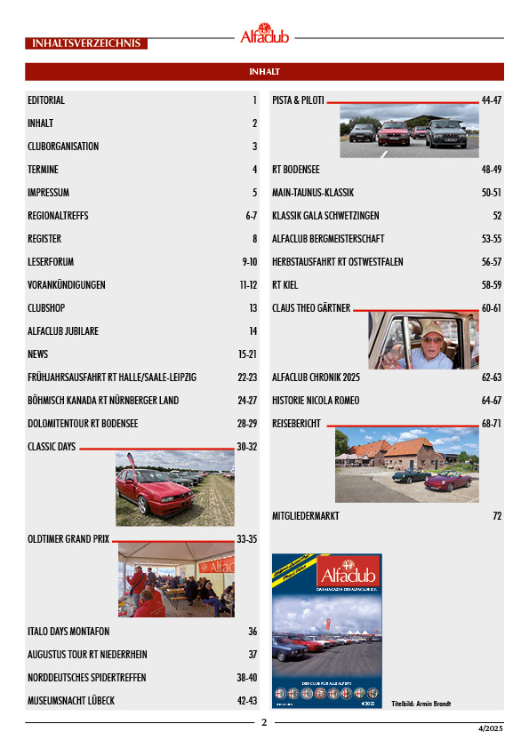 Inhaltsverzeichnis Alfaclub Magazin 04/2025